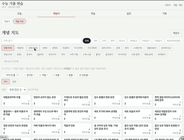 개념 성운 사용 장면: 격자에서 성좌 보기로 바꾸고, 확대한 뒤 별을 누르자 이어진 개념이 금빛 선으로 밝아지고, 아래 목록에서 다음 개념으로 옮겨 간다